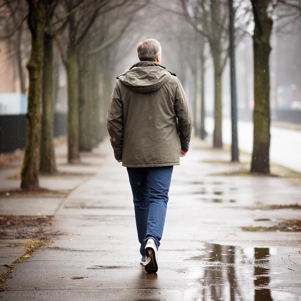 Pessoa de costas caminhando em calçada arborizada durante uma manhã fria com chuva leve, vestindo agasalho confortável