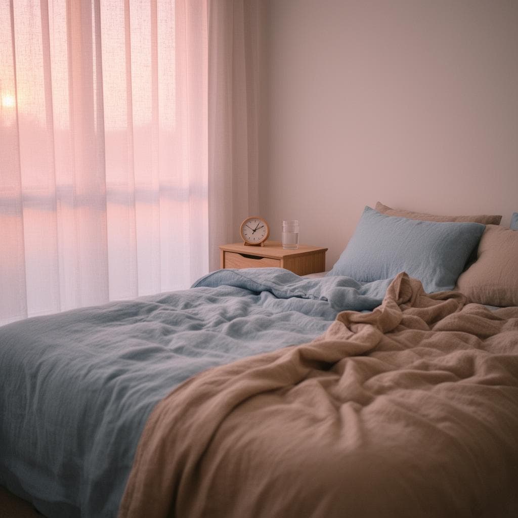 Quarto aconchegante ao amanhecer, com cama de roupa de tom pastel, luz suave entrando pela cortina e uma mesinha de cabeceira simples com copo de água e relógio analógico