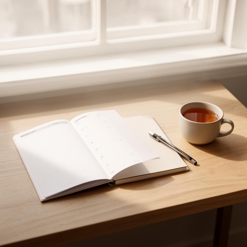 Mesa organizada perto de uma janela com planner aberto, caderno, caneta e uma xícara de chá sob luz natural suave.