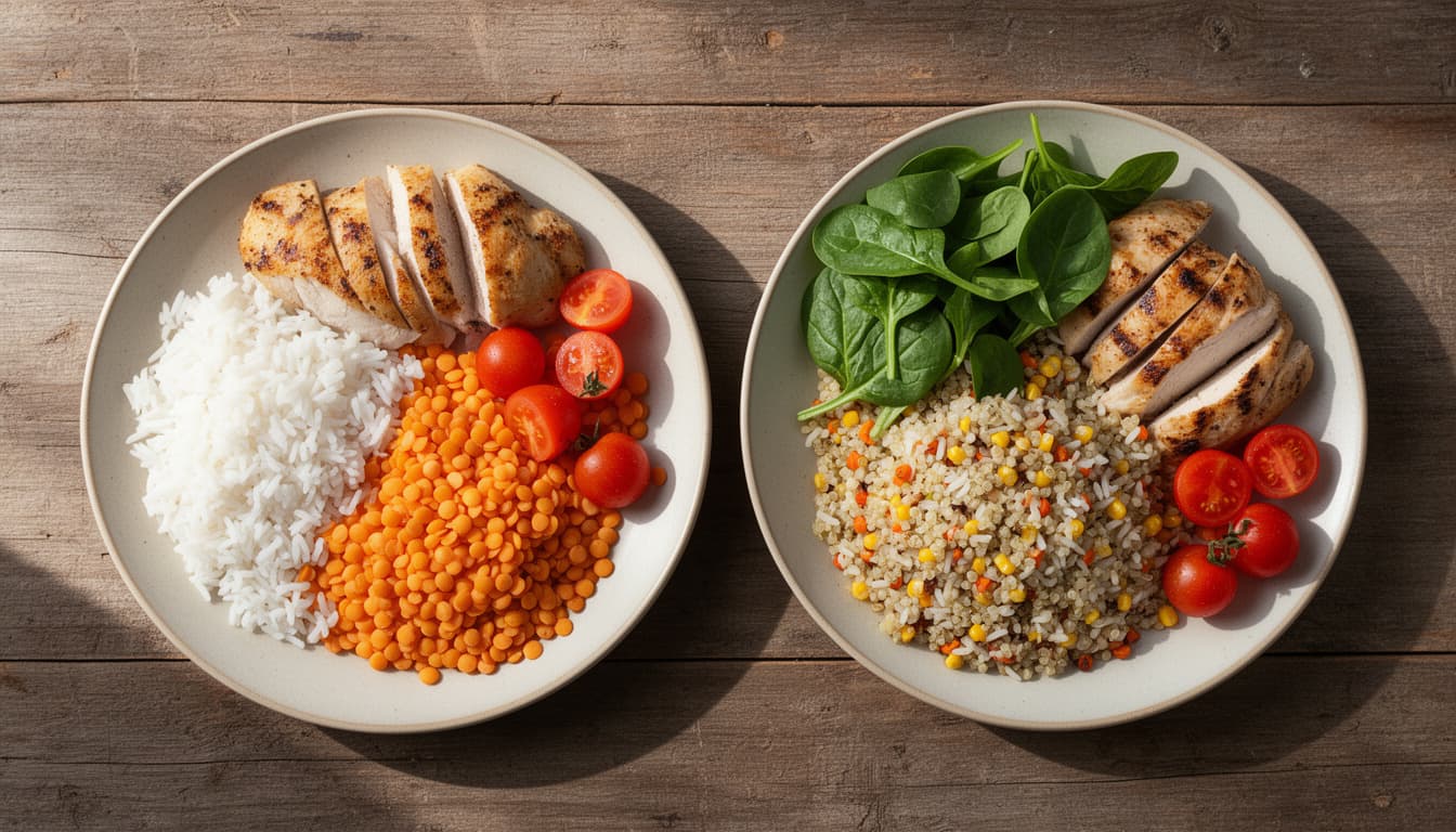 Comparativo de dois pratos com arroz e lentilhas, onde um mostra uma troca simples por quinoa e vegetais frescos sobre mesa de madeira.