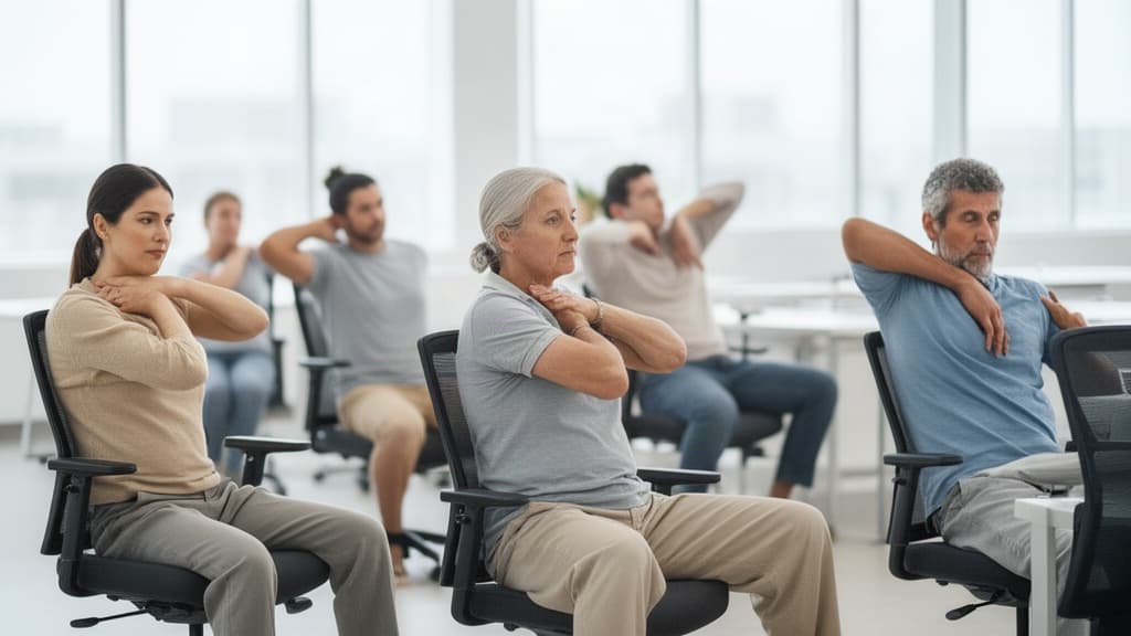 Pessoas diversas, vestindo roupas confortáveis, realizando movimentos de mobilidade suave sentadas em cadeiras em um ambiente iluminado pela luz natural