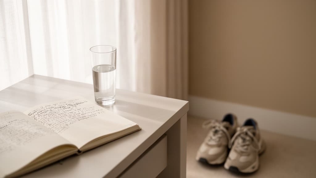 Escritório doméstico minimalista com caderno aberto, copo de água e tênis confortáveis no chão, iluminado por luz natural suave, sugerindo o início de uma rotina de movimento simples.