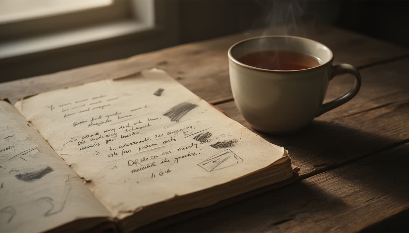 Caderno aberto com anotações riscadas e uma xícara de chá sobre uma mesa de madeira, iluminado por luz natural suave.