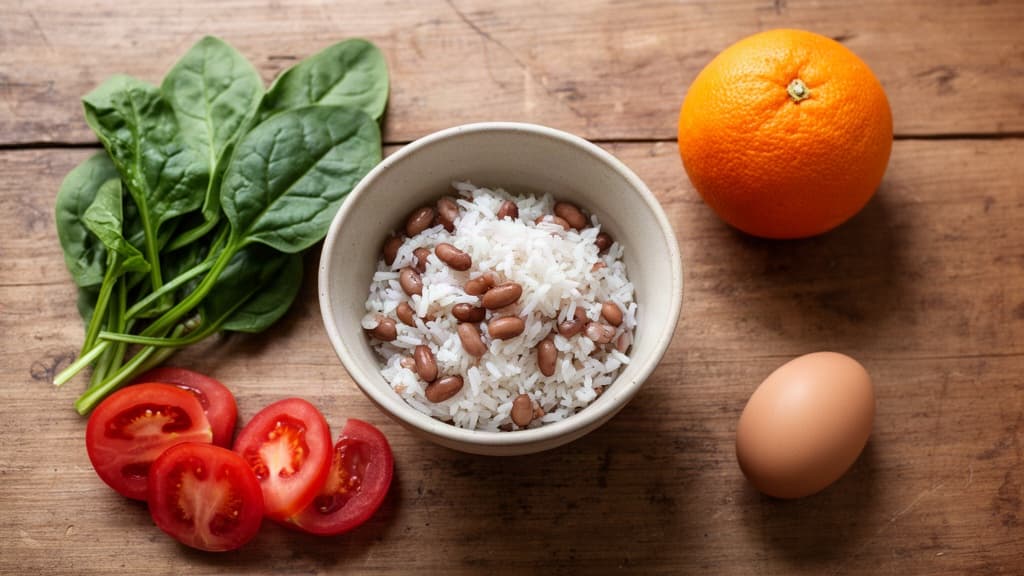 Uma tigela de arroz e feijão cercada por ingredientes frescos como tomate, espinafre e ovo sobre uma mesa rústica, representando a adição de nutrientes à refeição.