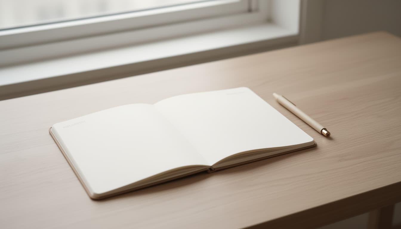 Um planner aberto e limpo sobre uma mesa de madeira clara, iluminado por luz natural suave, transmitindo organização e calma mental