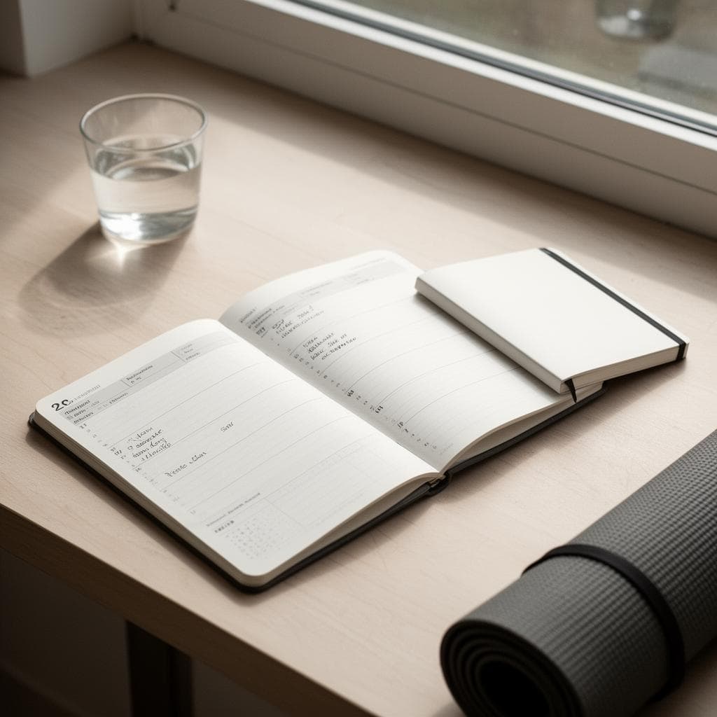 Mesa organizada com agenda aberta, caderno e tapete de exercício dobrado, iluminada por luz natural suave da janela