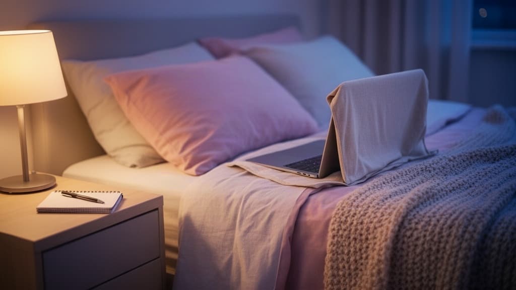 Um quarto acolhedor à noite com cama arrumada e um laptop coberto sobre a mesa de cabeceira, simbolizando o fim do trabalho e o início do descanso