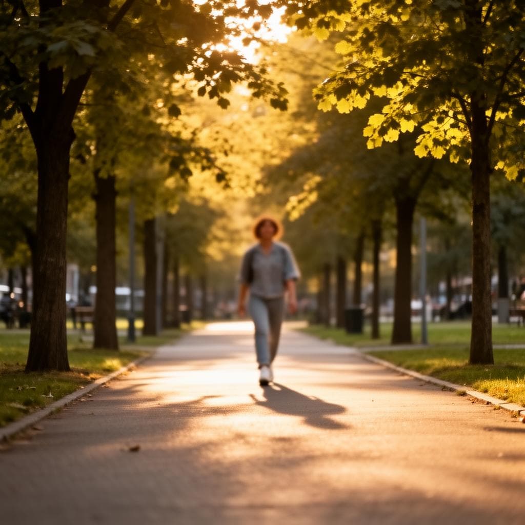 Caminho em parque urbano iluminado por luz suave ao entardecer, com uma figura desfocada caminhando ao fundo